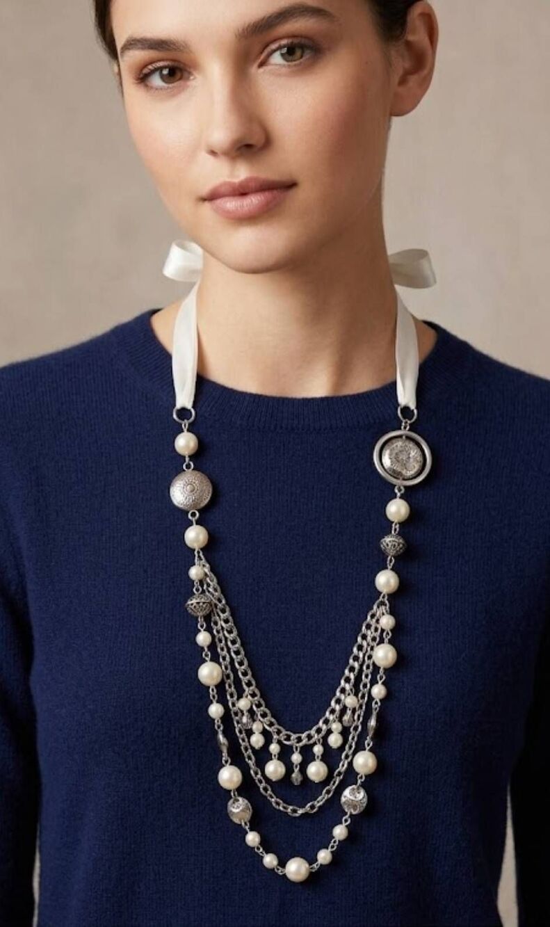 Paparazzi Necklace-Pearl colored beads, mixed chains and ribbon